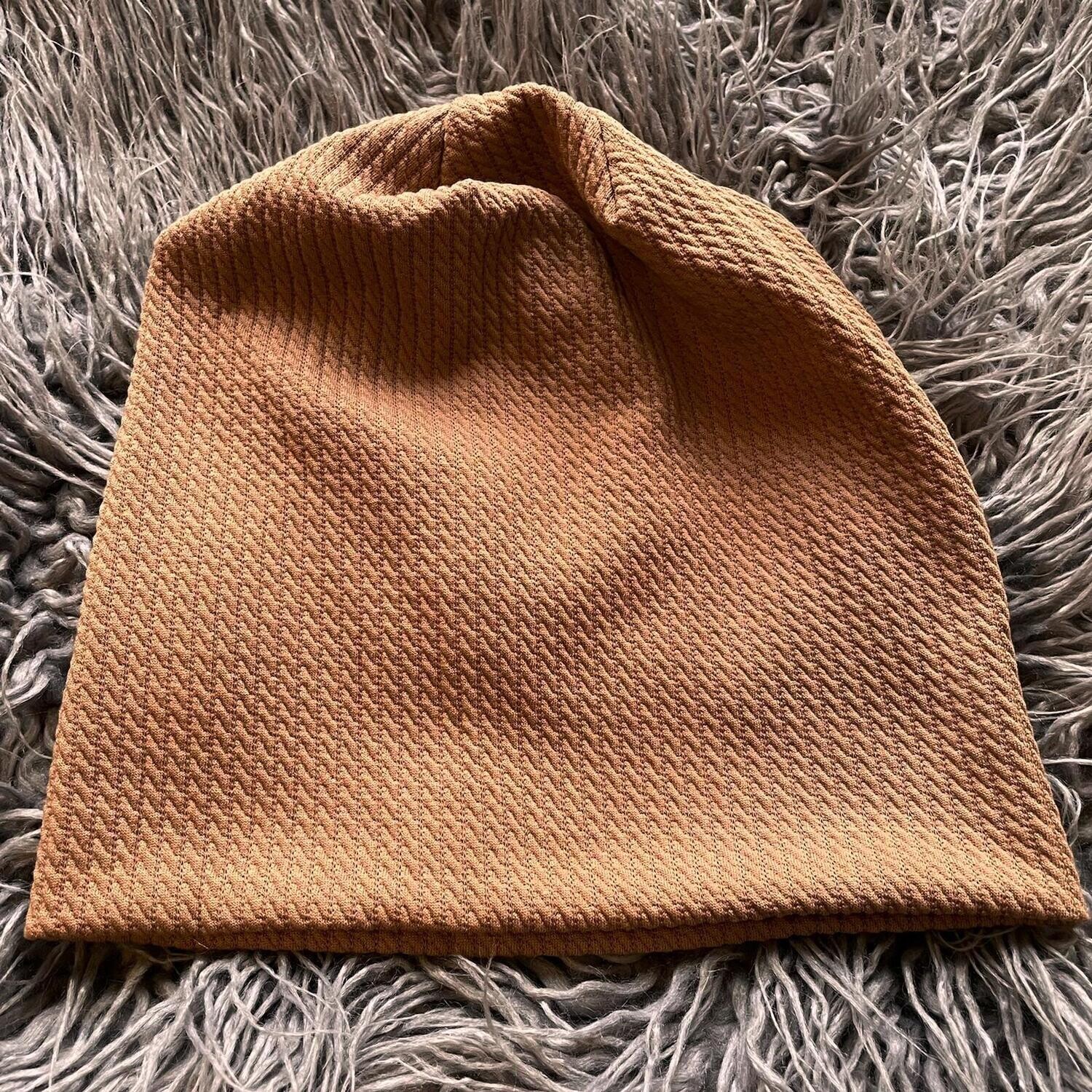 Tan fine cable ribbed beanie