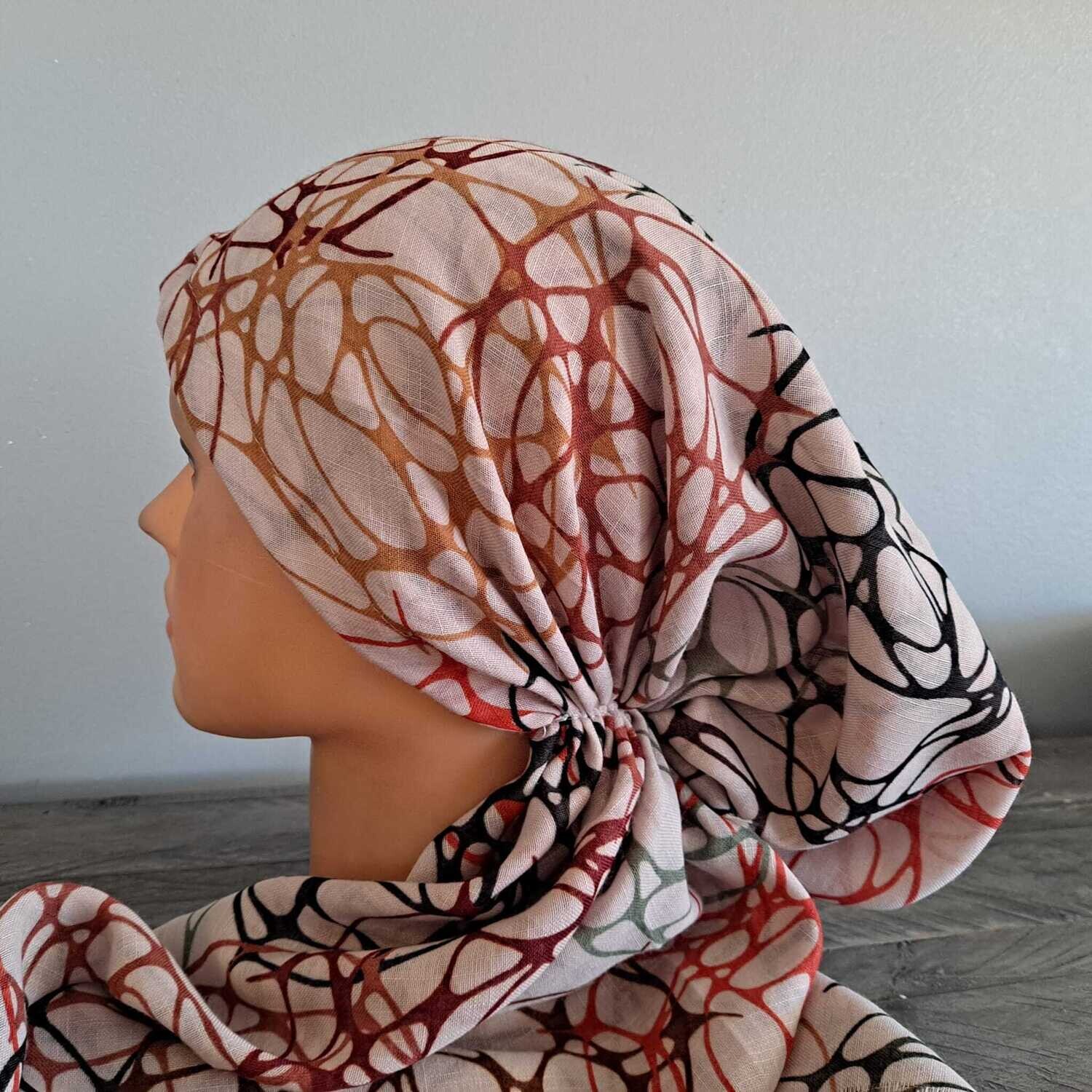 Beige circles pattern - soft fringes pretied tichel