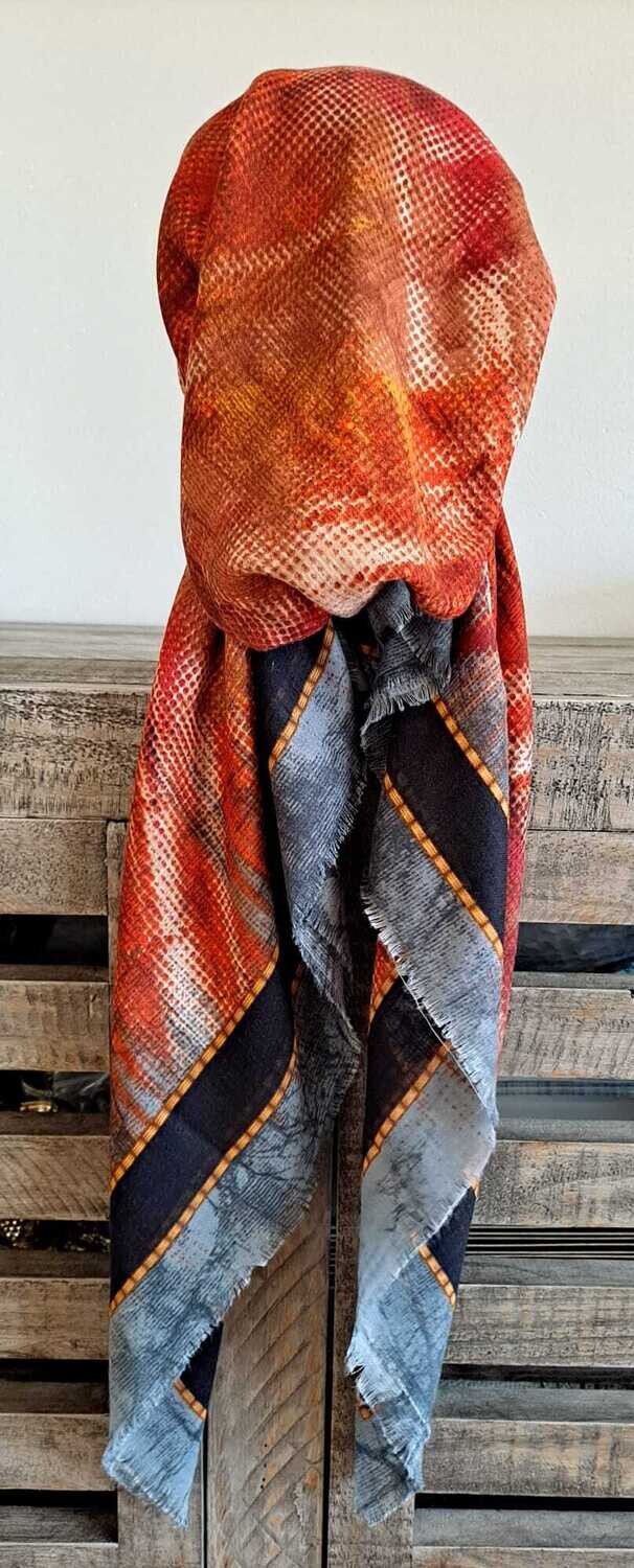 Dark denim/colorful patterned - soft fringes pretied tichel