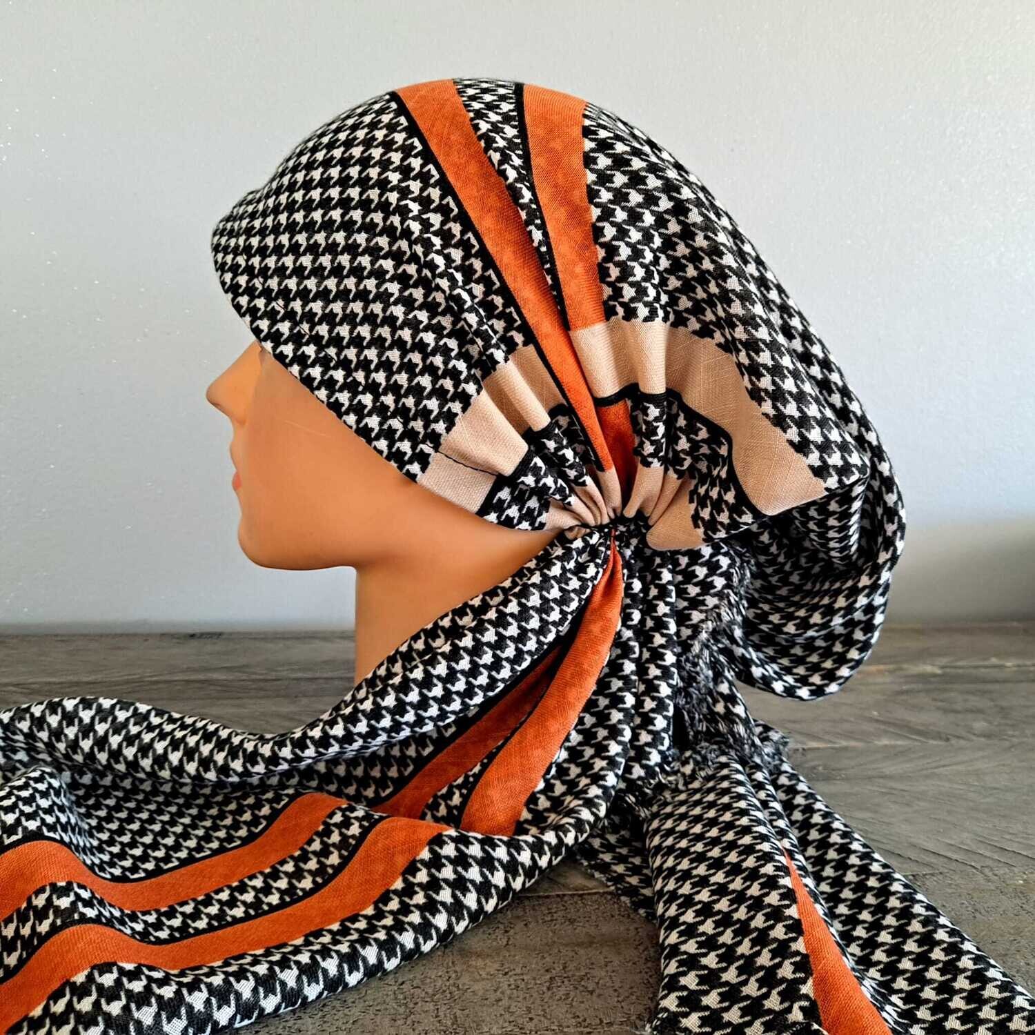 Black n&#39; more houndstooth - soft fringes pretied tichel