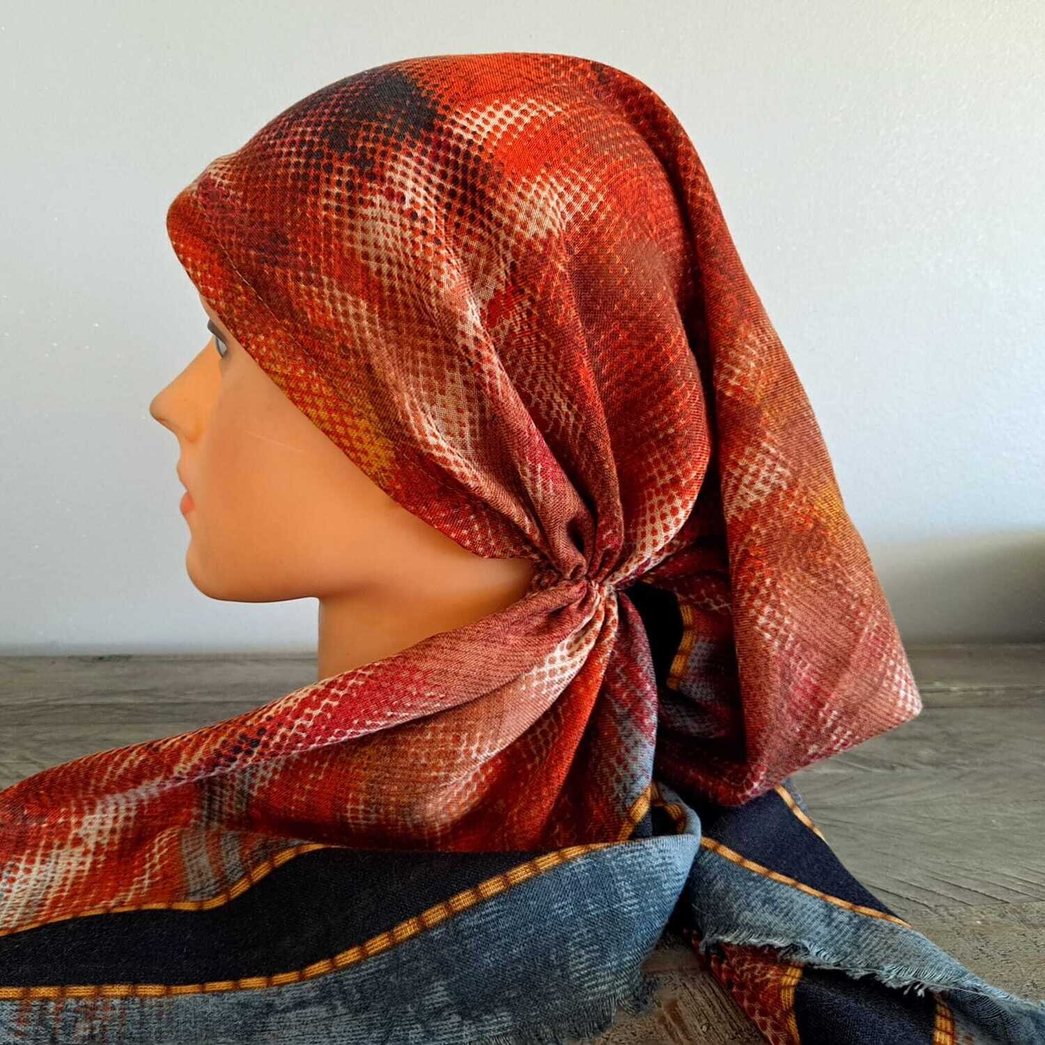 Dark denim/colorful patterned - soft fringes pretied tichel