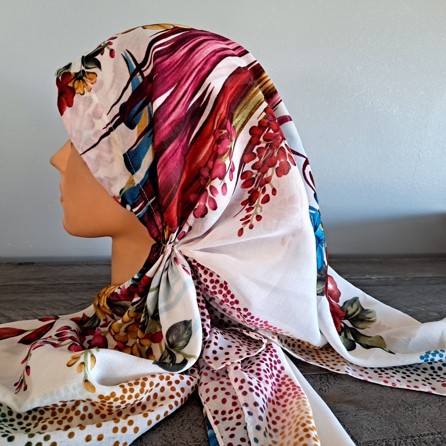 Beautiful soft white - long back pre-tied kerchief w/band sewn in