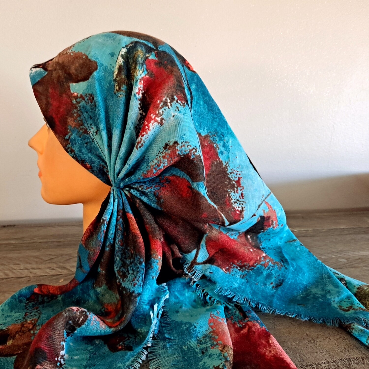 Teal green soft fringed - long back pre-tied kerchief w/band sewn in