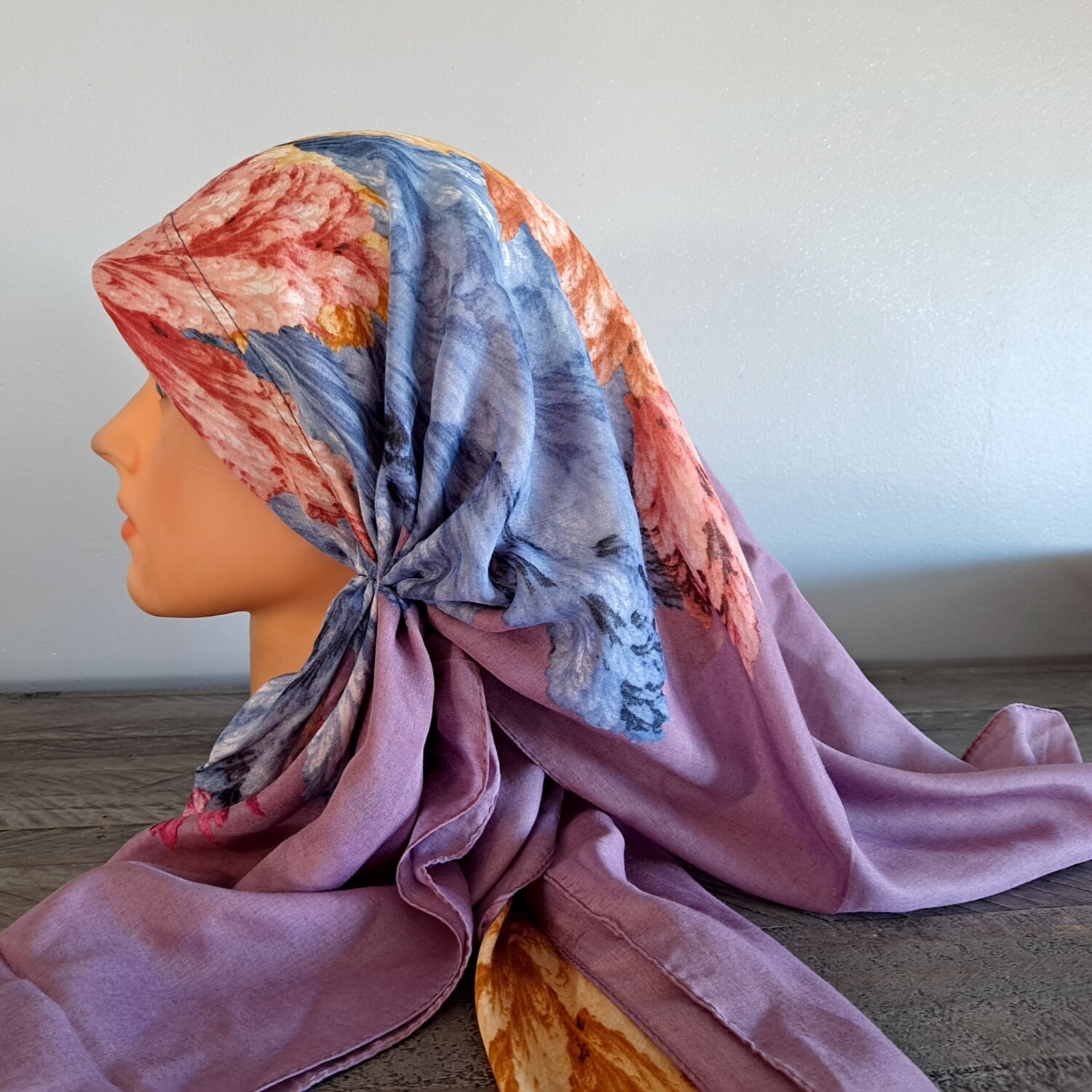 Violet big flowers long back pre-tied kerchief w/band sewn in