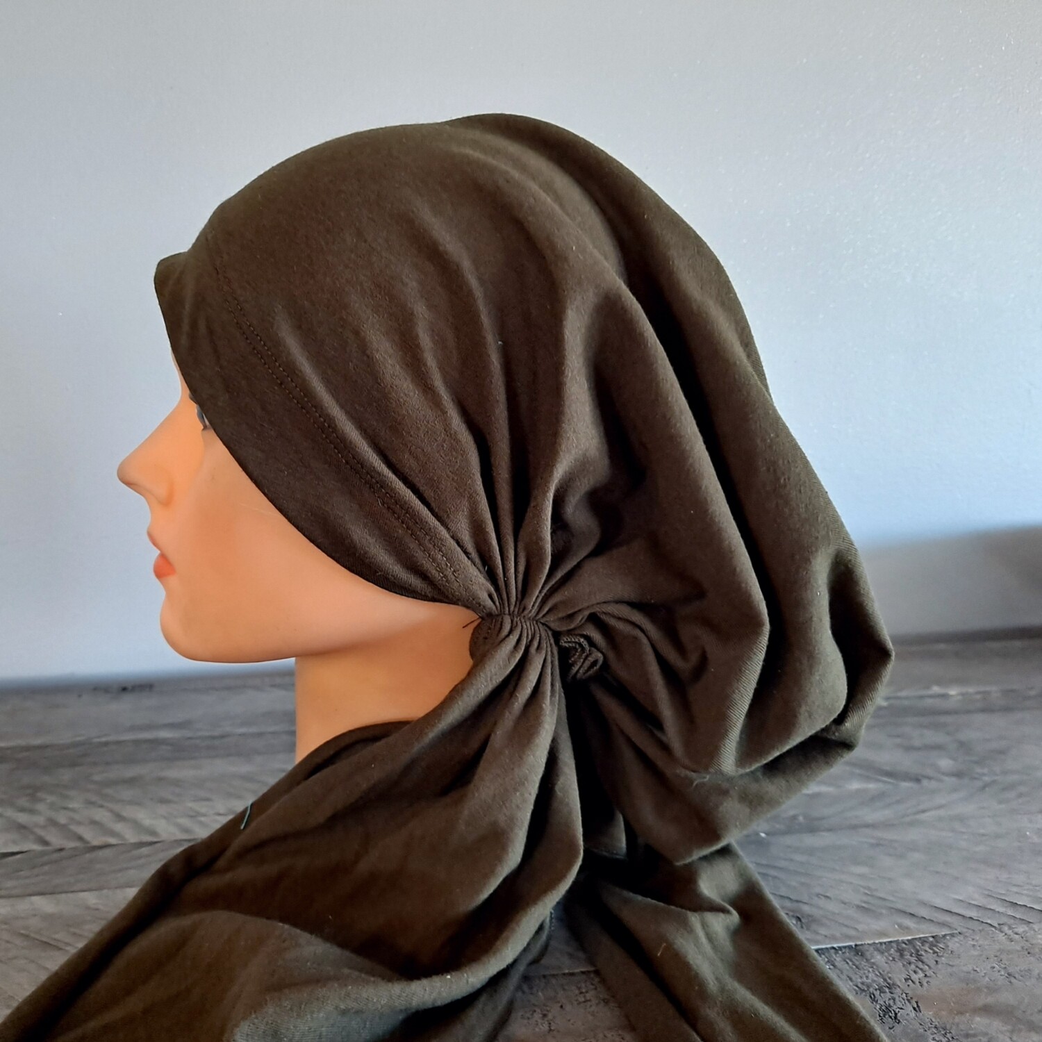 Army green stretchy cotton pre tied tichel w/band sewn in (long tails)