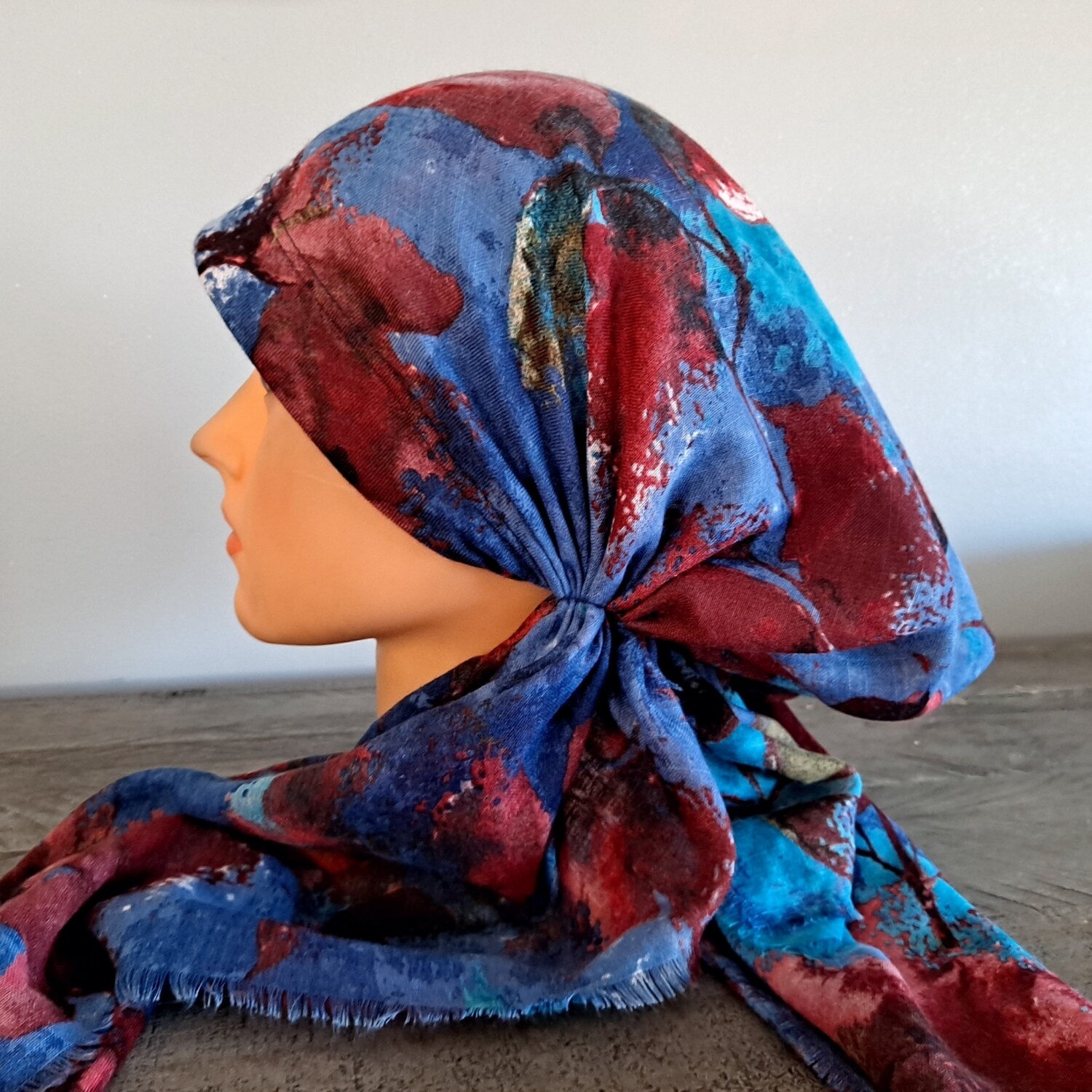 Denim/colorful patterned - soft fringes pretied tichel