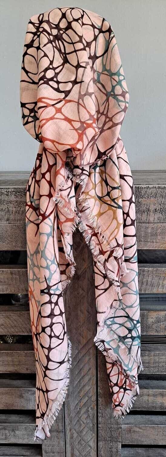 Light peachy pink circles pattern - soft fringes pretied tichel w/band sewn in (BBS)