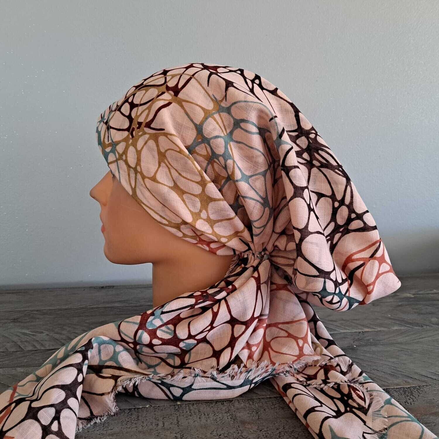 Light peachy pink circles pattern - soft fringes pretied tichel w/band sewn in (BBS)