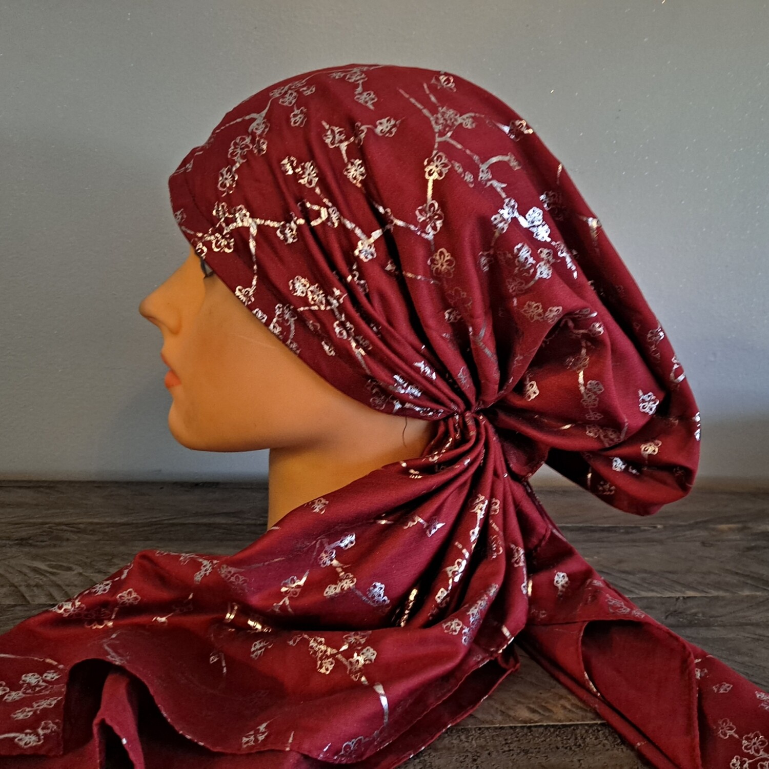 Maroon - silver berries metallic pretied tichel