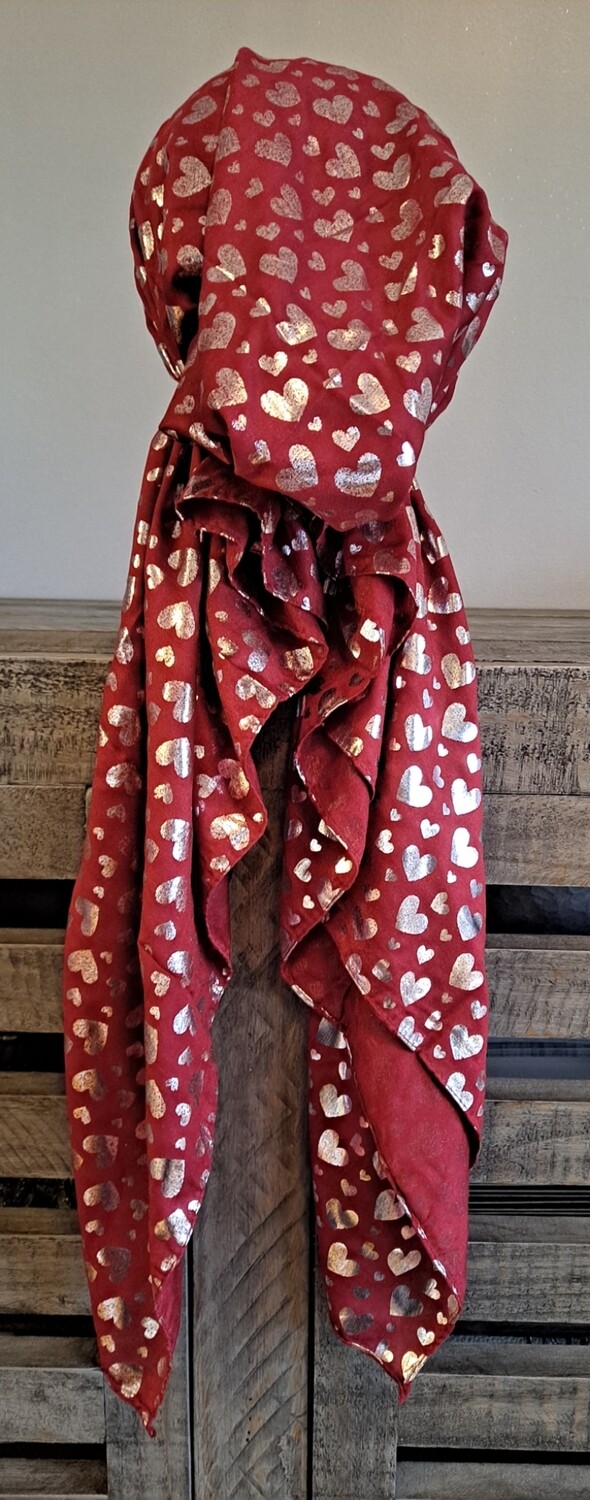 Maroon - solid silver metallic hearts pretied tichel