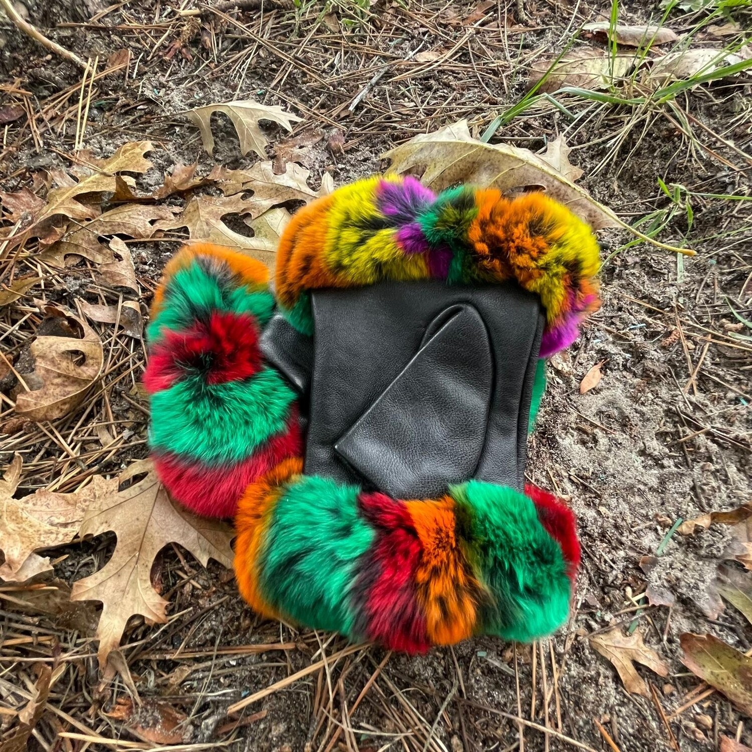colorful fur fingerless leather gloves