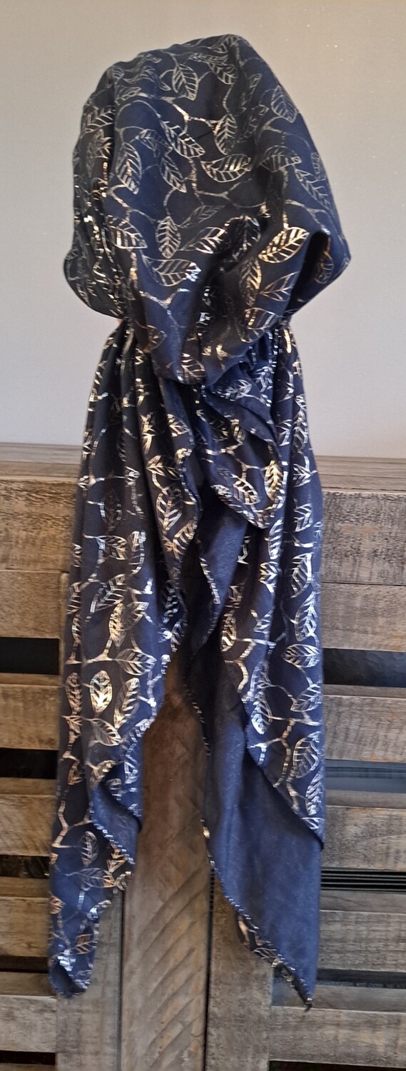 Navy/silver - small leaves pattern pre-tied tichel
