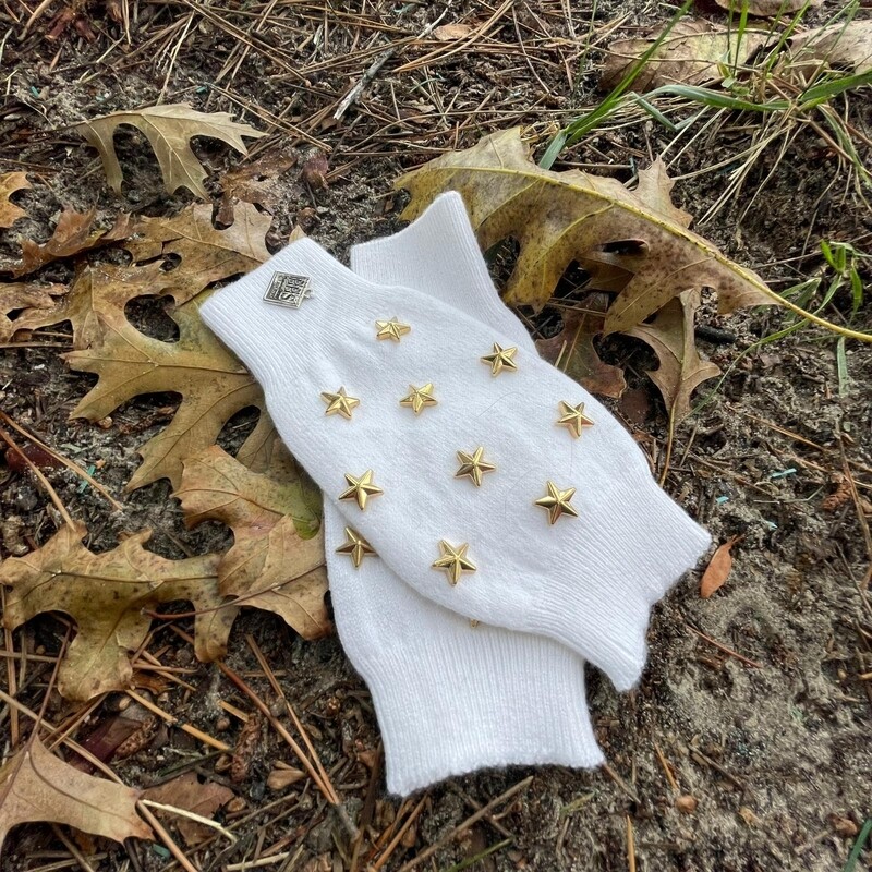 Thin fingerless gloves w/gold stars - winter white (slightly off white)