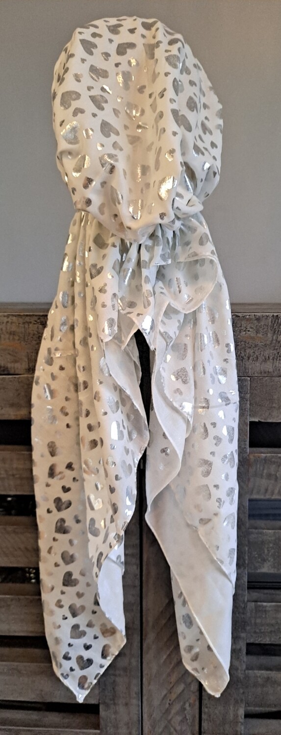 Off white - solid silver metallic hearts pretied tichel