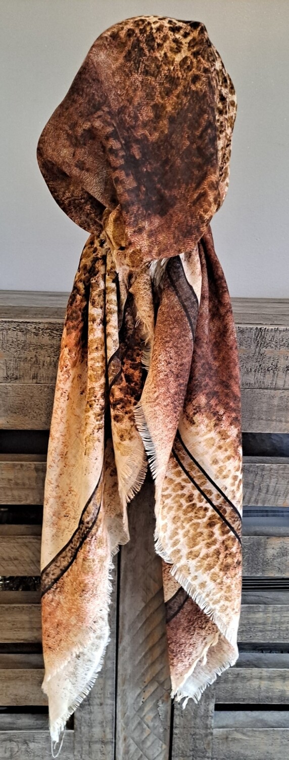 Beige and pinkish brown animal pattern - soft fringes pretied tichel w/band sewn in (BBS)