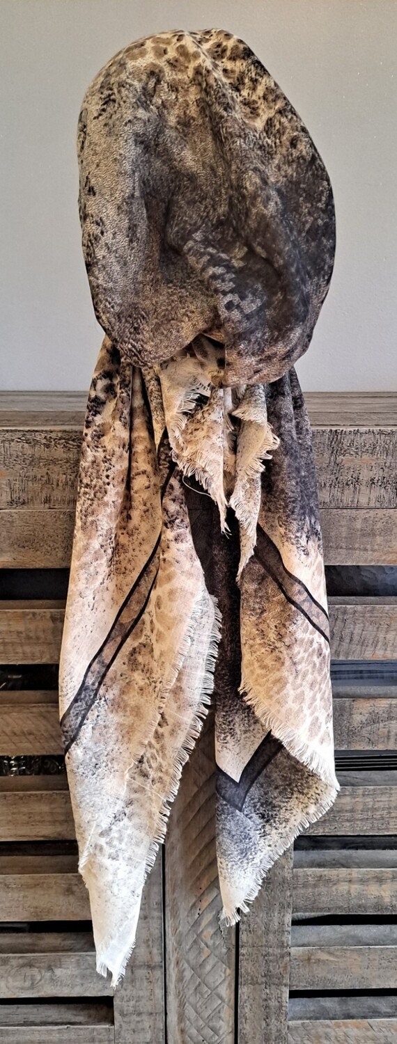 Light beige and gray animal pattern - soft fringes pretied tichel w/band sewn in (BBS)