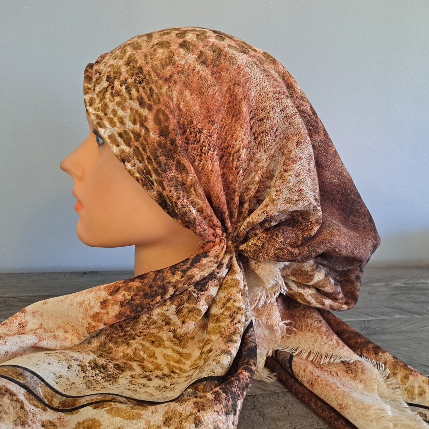 Beige and pinkish brown animal pattern - soft fringes pretied tichel w/band sewn in (BBS)