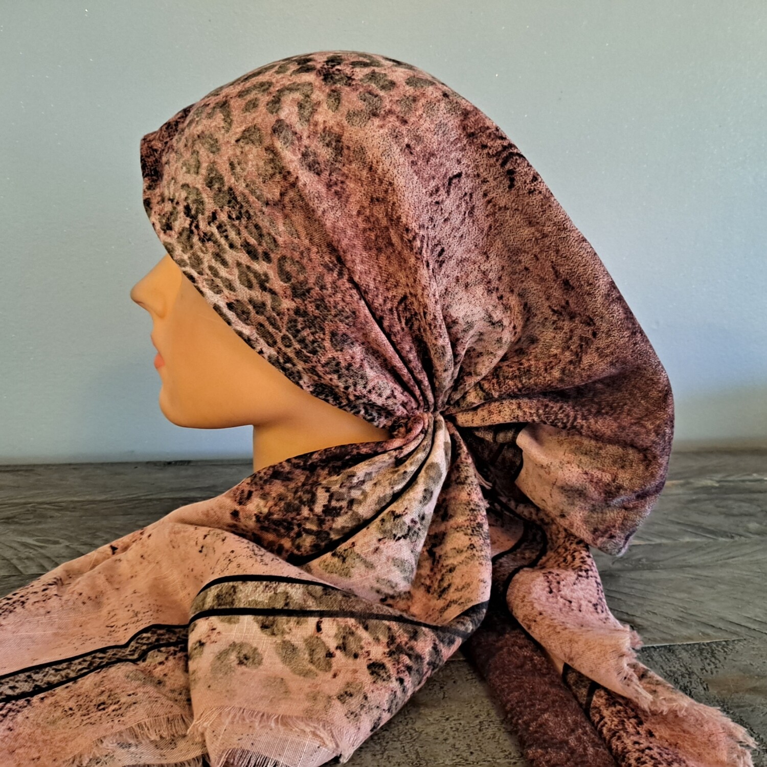 Light pink animal pattern - soft fringes pretied tichel w/band sewn in (BBS)