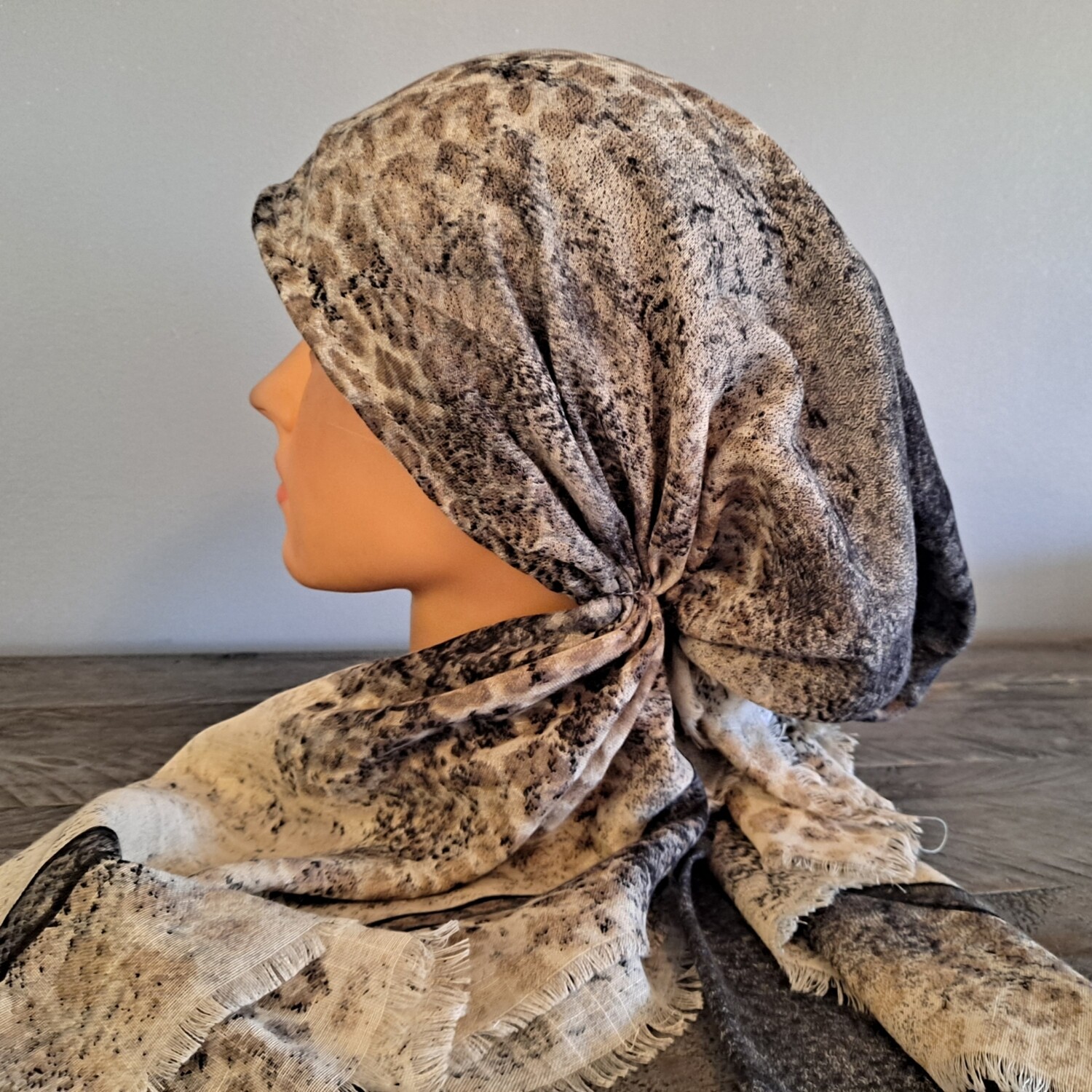 Light beige and gray animal pattern - soft fringes pretied tichel w/band sewn in (BBS)