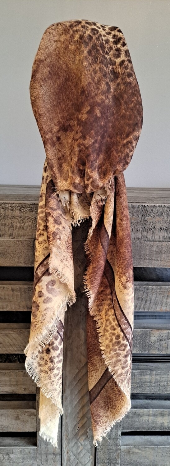 Yellowish and brown animal pattern - soft fringes pretied tichel w/band sewn in (BBS)