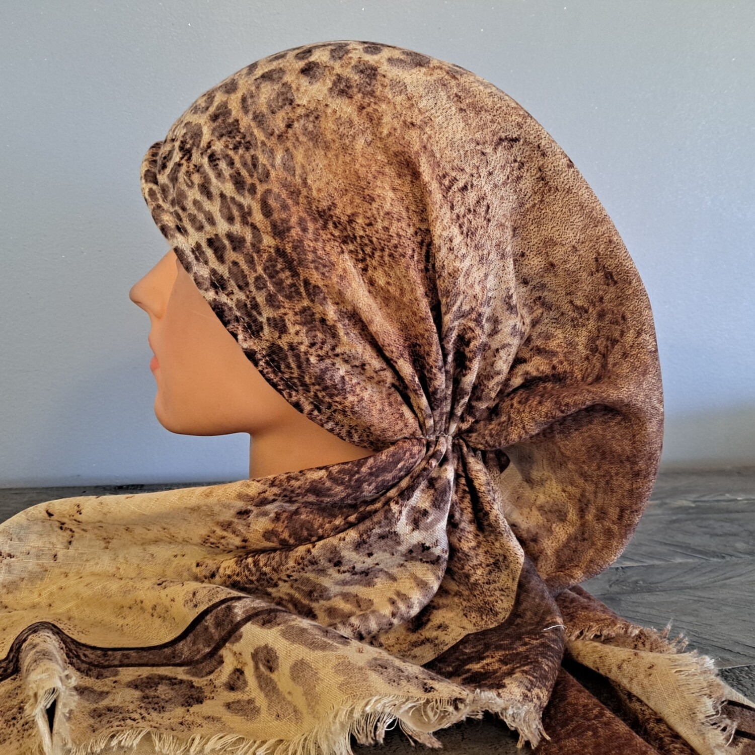 Yellowish and brown animal pattern - soft fringes pretied tichel w/band sewn in (BBS)