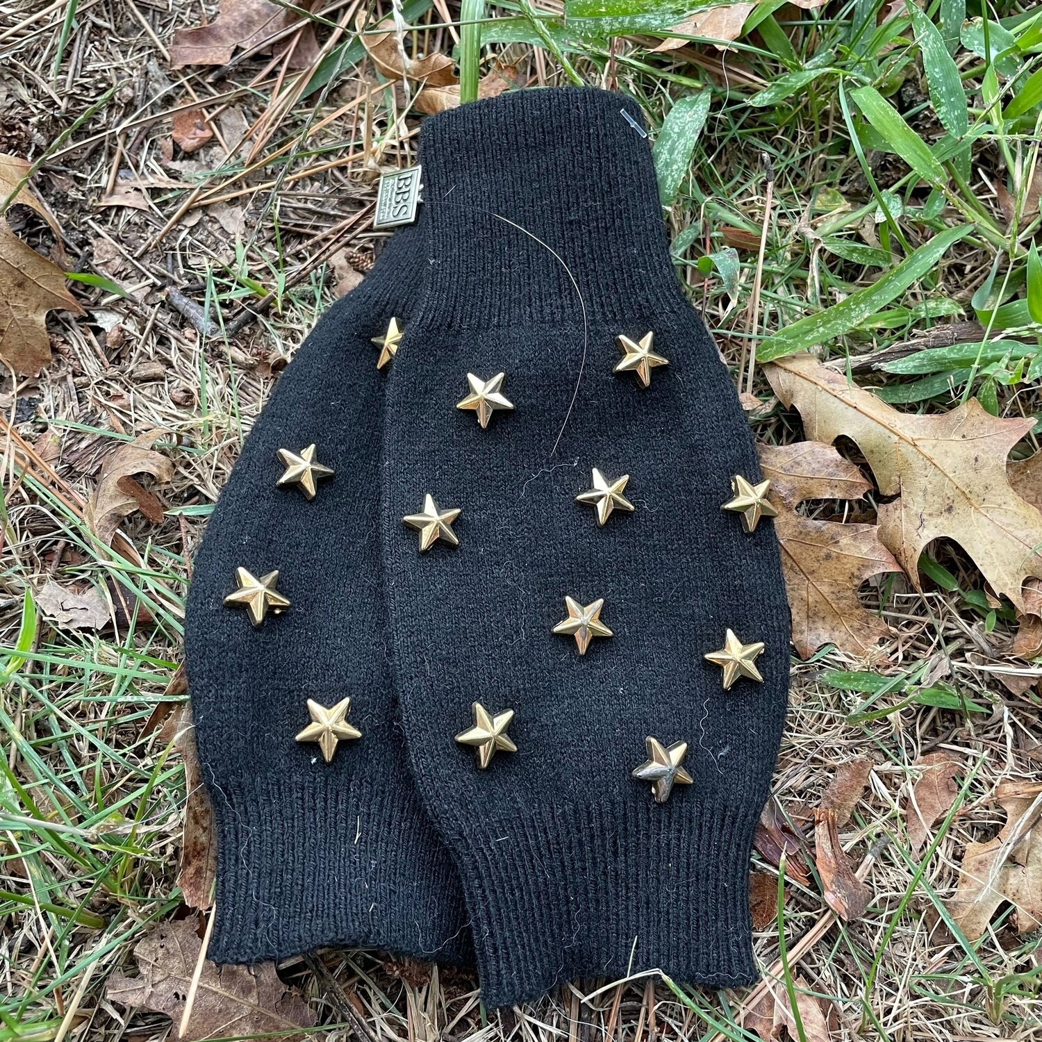 Thin fingerless gloves w/gold stars - black