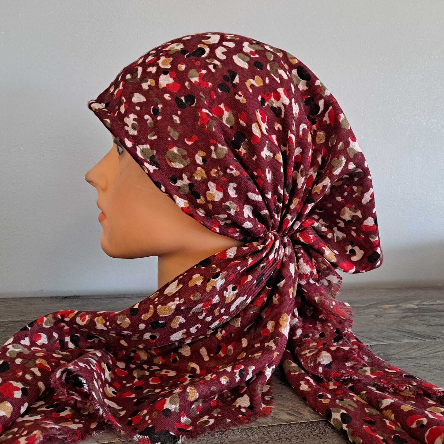 Cranberry colored drops - soft fringes pretied tichel w/band sewn in (BBS)
