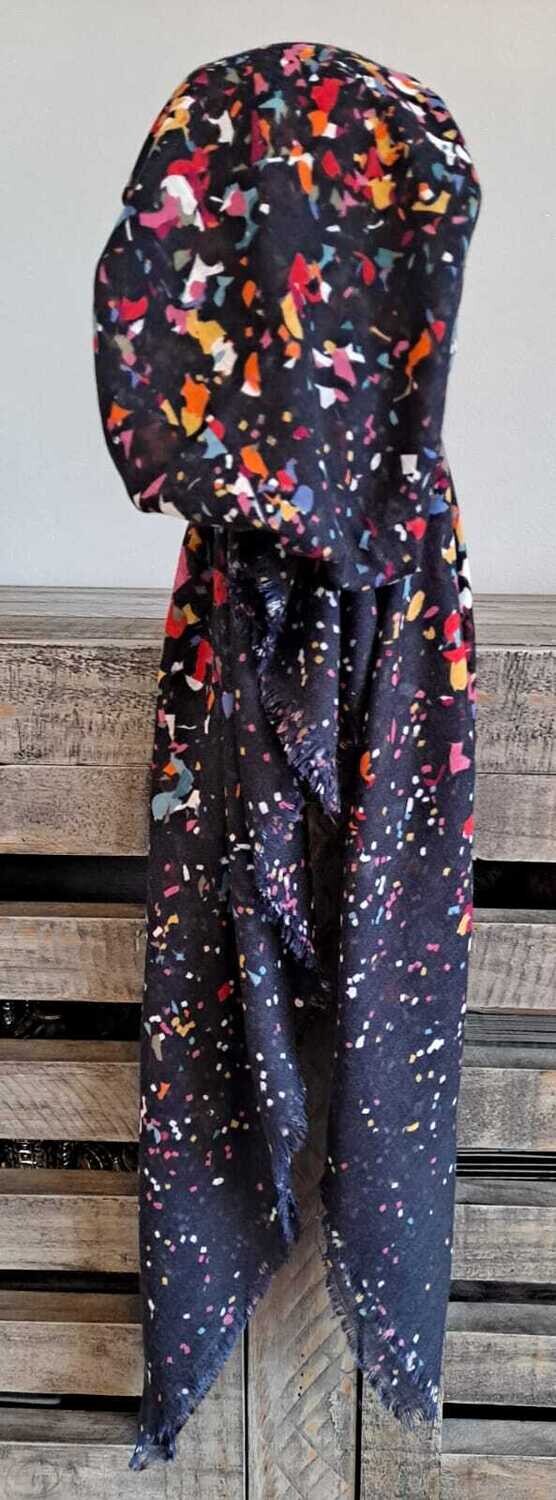 Navy confetti - soft fringes pretied tichel w/band sewn in (BBS)