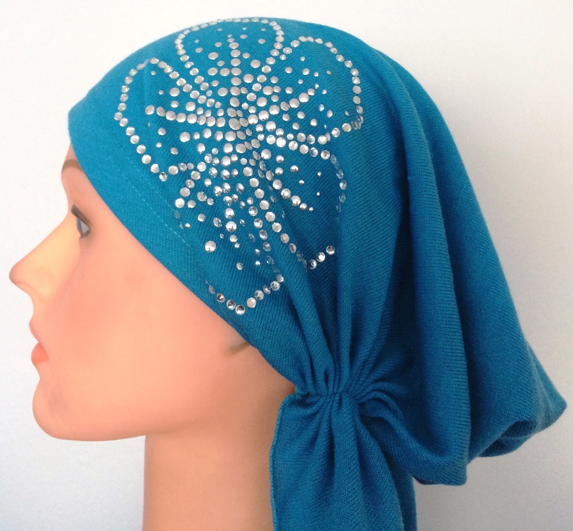 Beautiful blue pre-tied tichel with applique