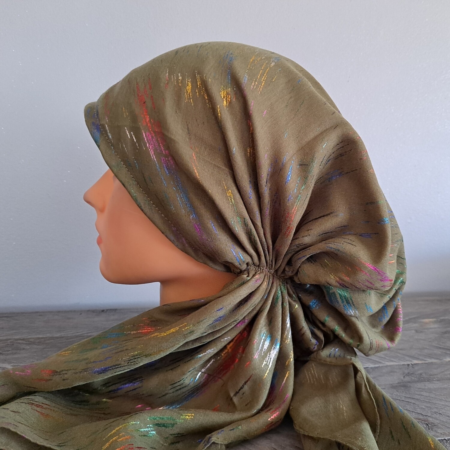 Olive colorful streaks pattern pre-tied tichel w/band sewn in (BBS)