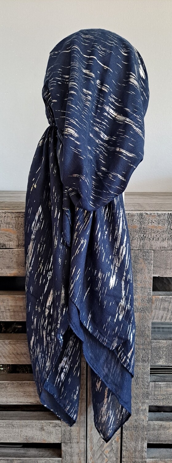 Navy/silver streaks pattern pre-tied tichel w/band sewn in (BBS)