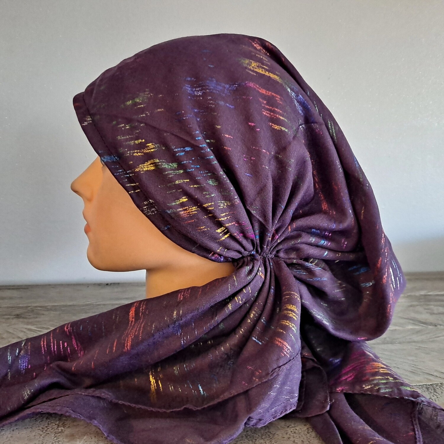 Purple colorful streaks pattern pre-tied tichel w/band sewn in (BBS)