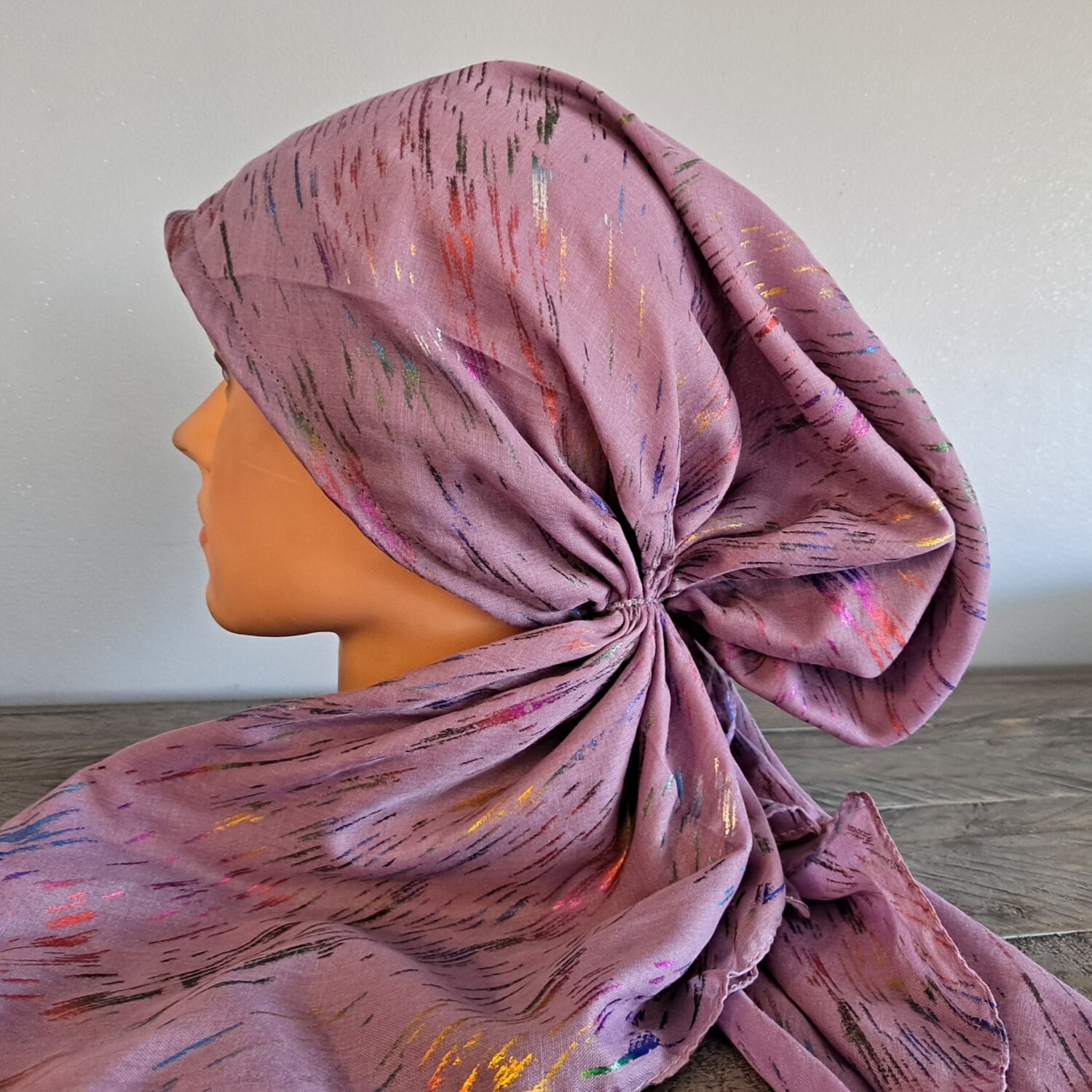 Lavender colorful streaks pattern pre-tied tichel w/band sewn in (BBS)