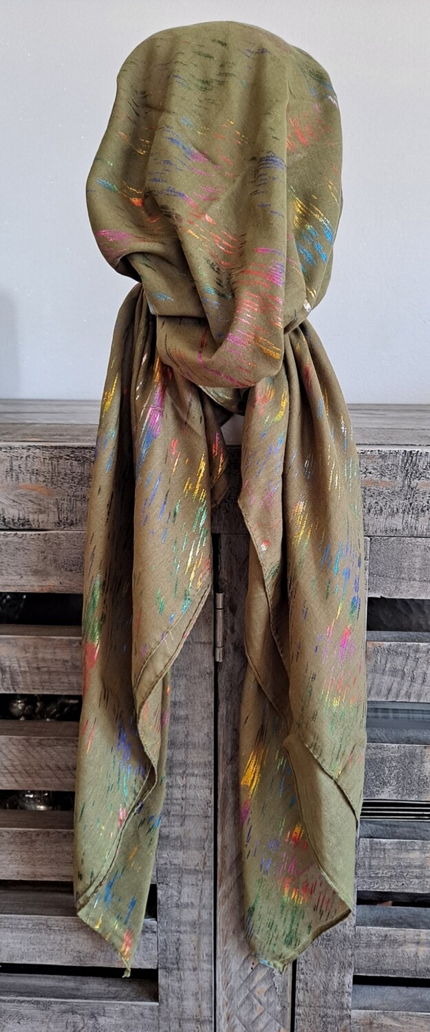 Olive colorful streaks pattern pre-tied tichel w/band sewn in (BBS)