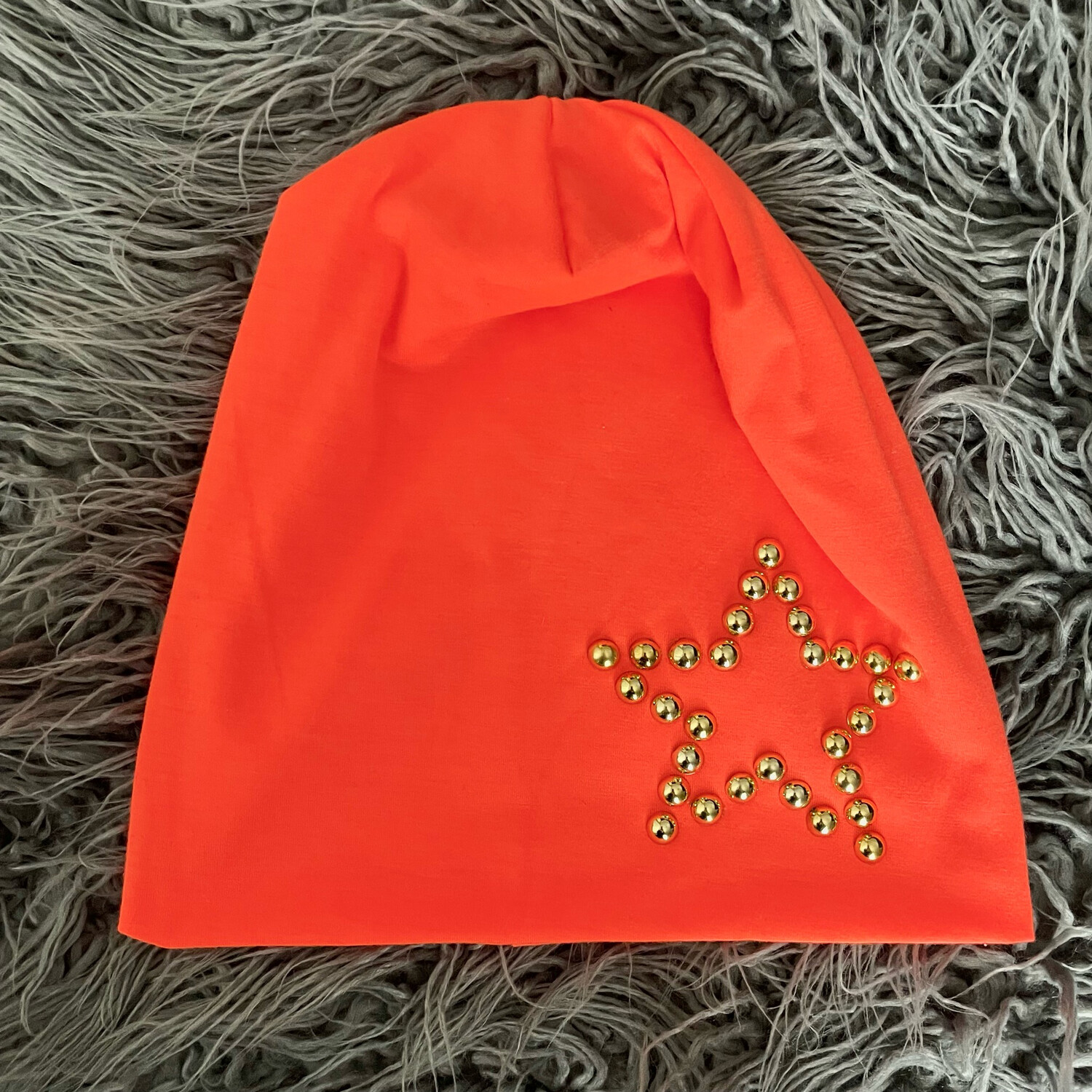 Neon orange beanie w/gold beaded star