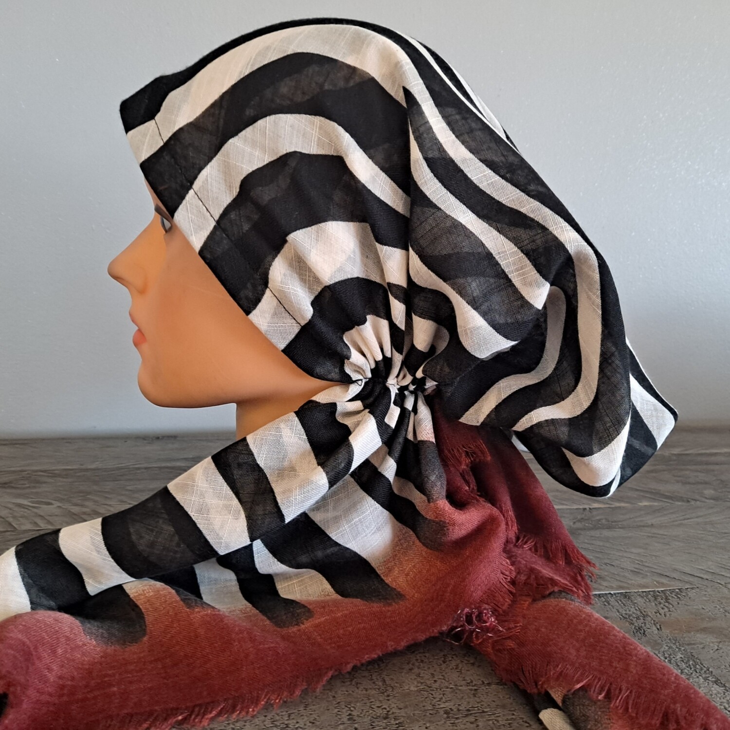 Rust stripy  - soft fringes pretied tichel w/band sewn in (BBS)
