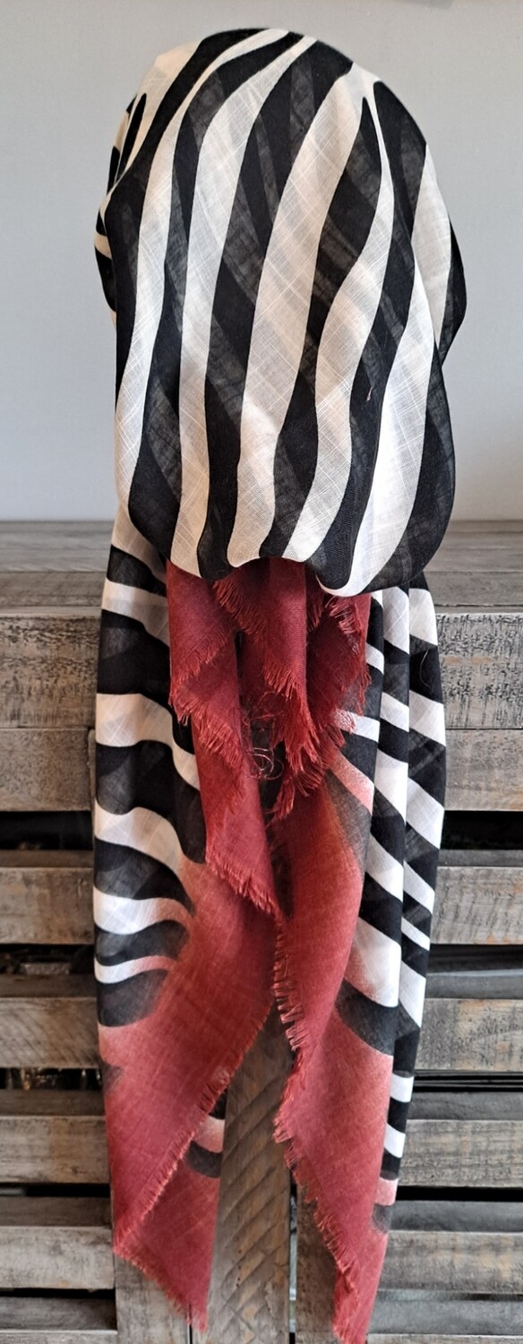 Rust stripy  - soft fringes pretied tichel w/band sewn in (BBS)