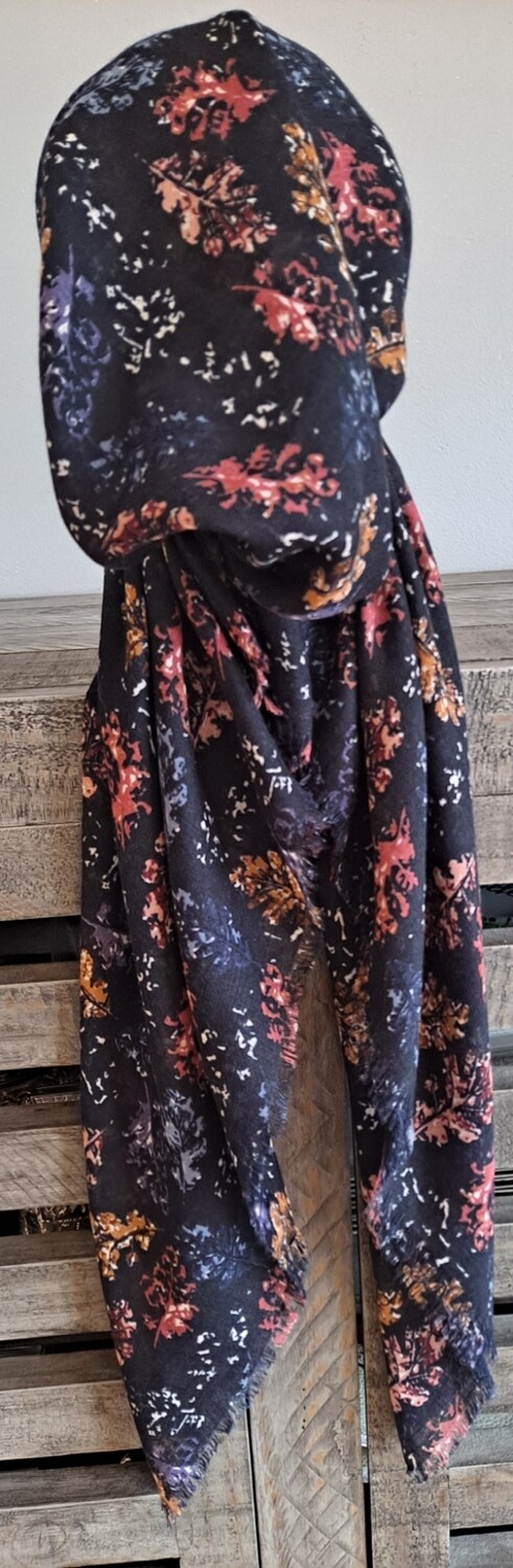 Navy pretty leaves  - soft fringes pretied tichel