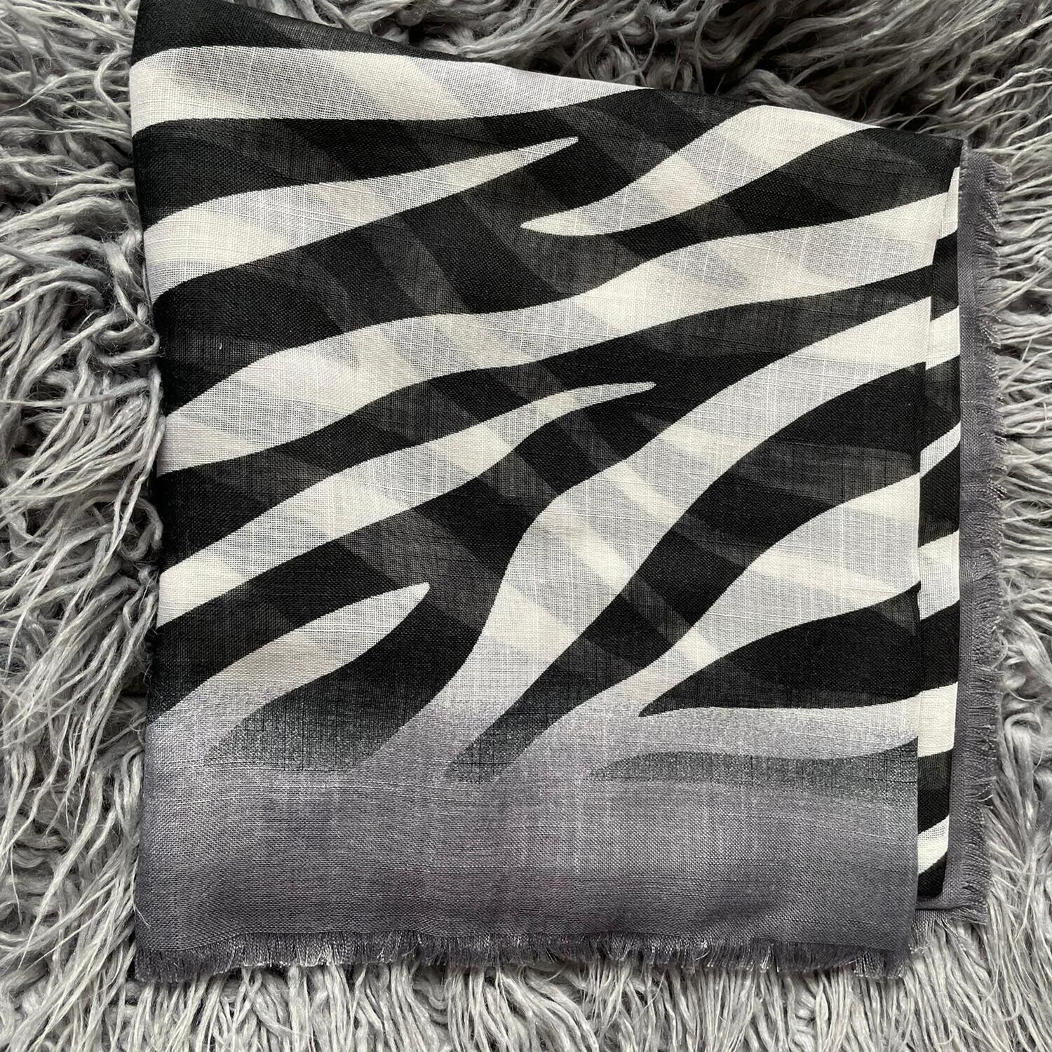 Gray, black/white  - stripy soft fringes tichel
