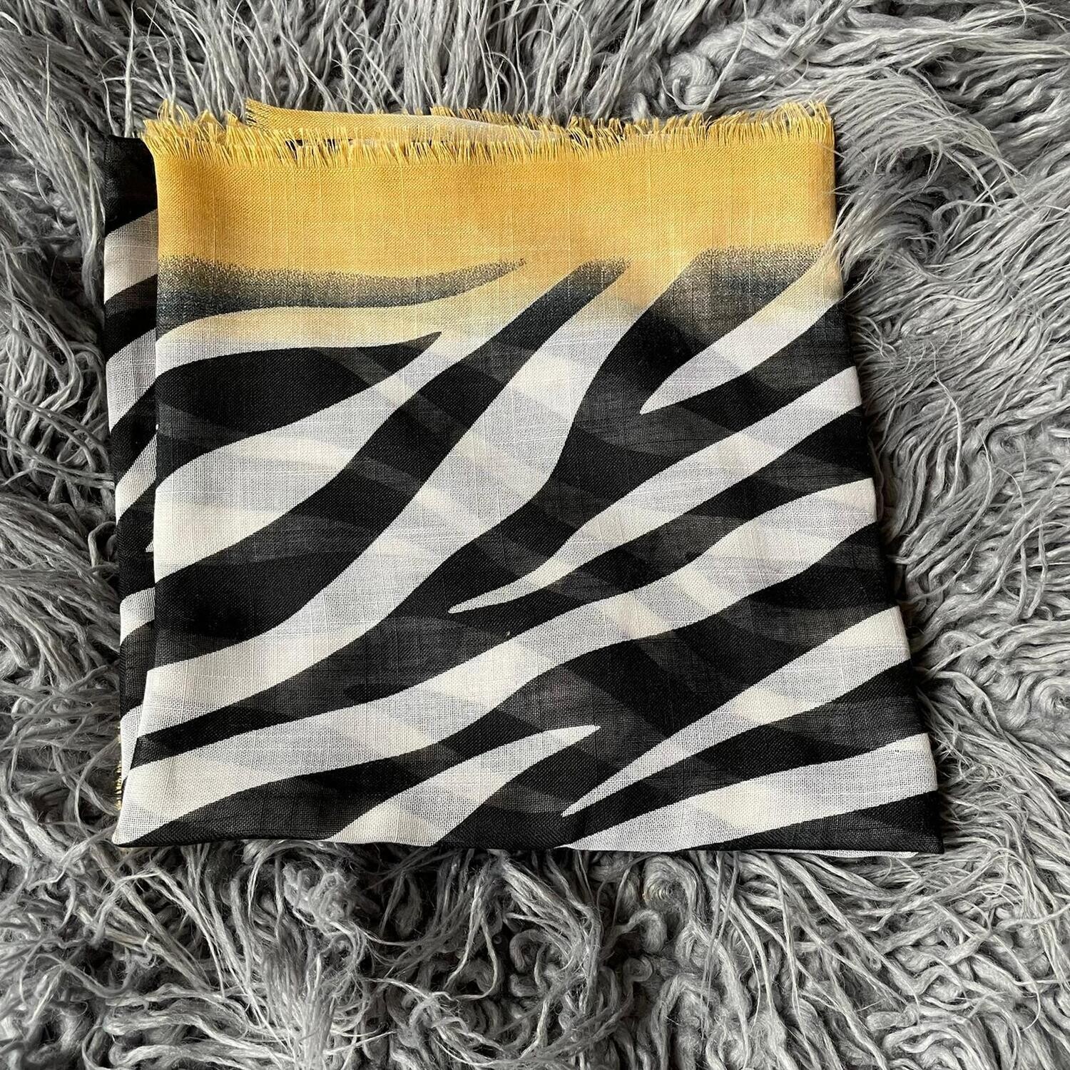 Mustard, black/white  - stripy soft fringes tichel