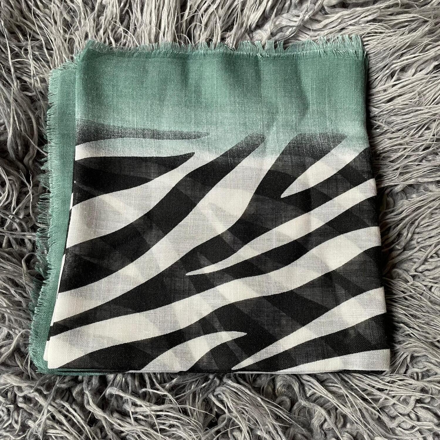 Medium green, black/white  - stripy soft fringes tichel