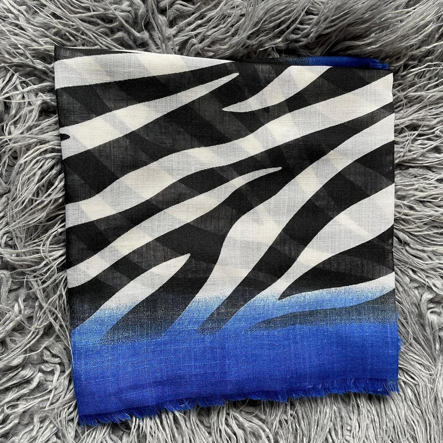 Blue, black/white  - stripy soft fringes tichel