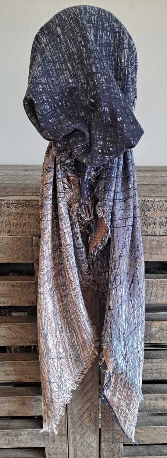 Navy/tan shaded feathered - soft fringes pretied tichel w/band sewn in (BBS)