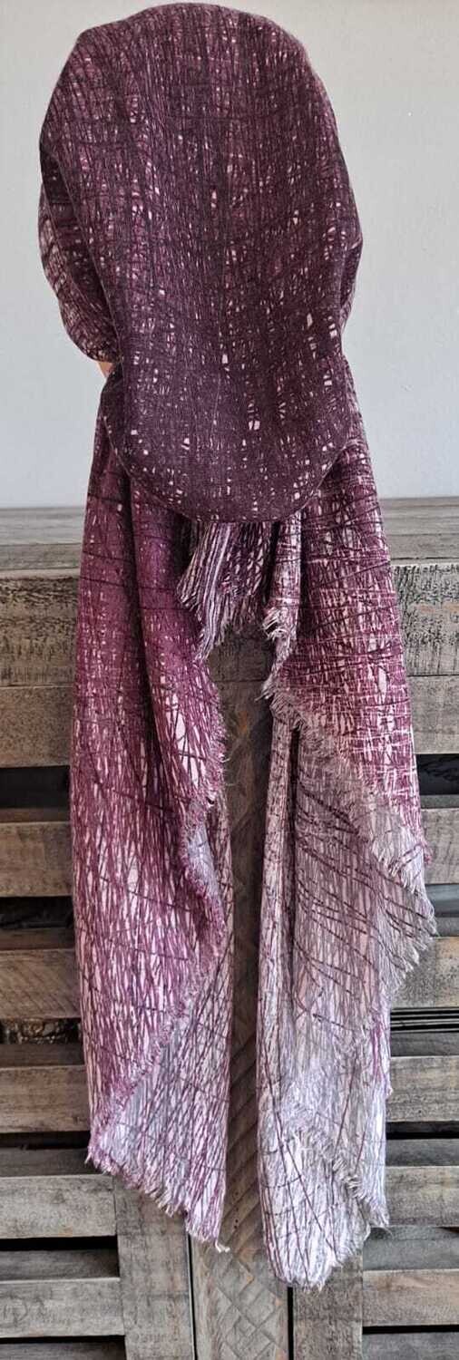 Plum/gray shaded feathered - soft fringes pretied tichel w/band sewn in (BBS)