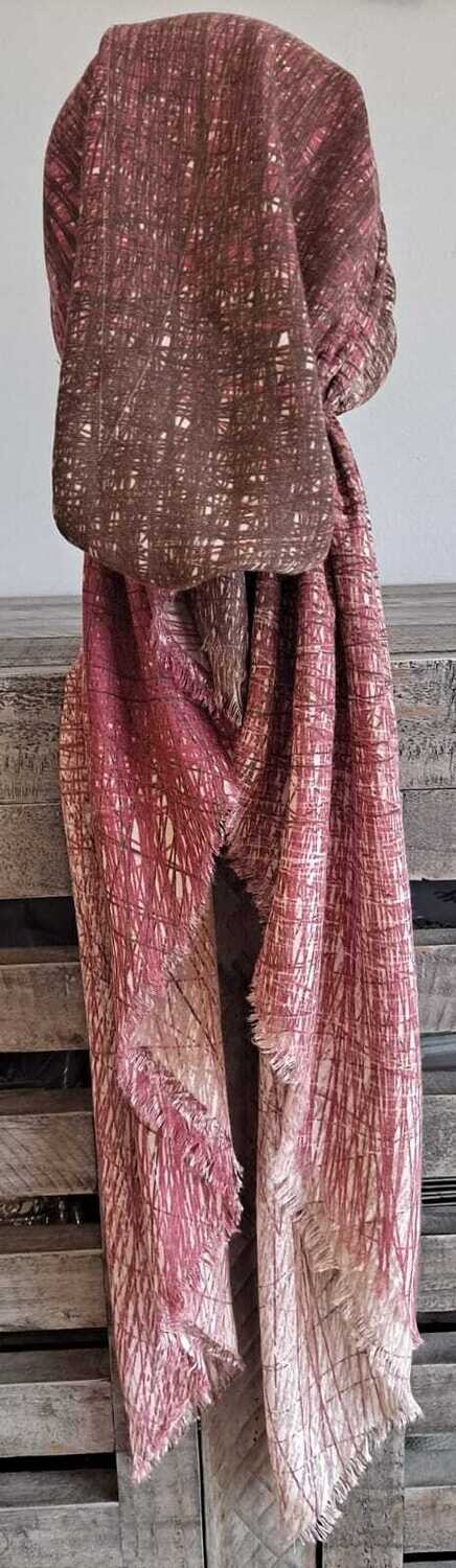 Brown/pink shaded feathered - soft fringes pretied tichel w/band sewn in (BBS)