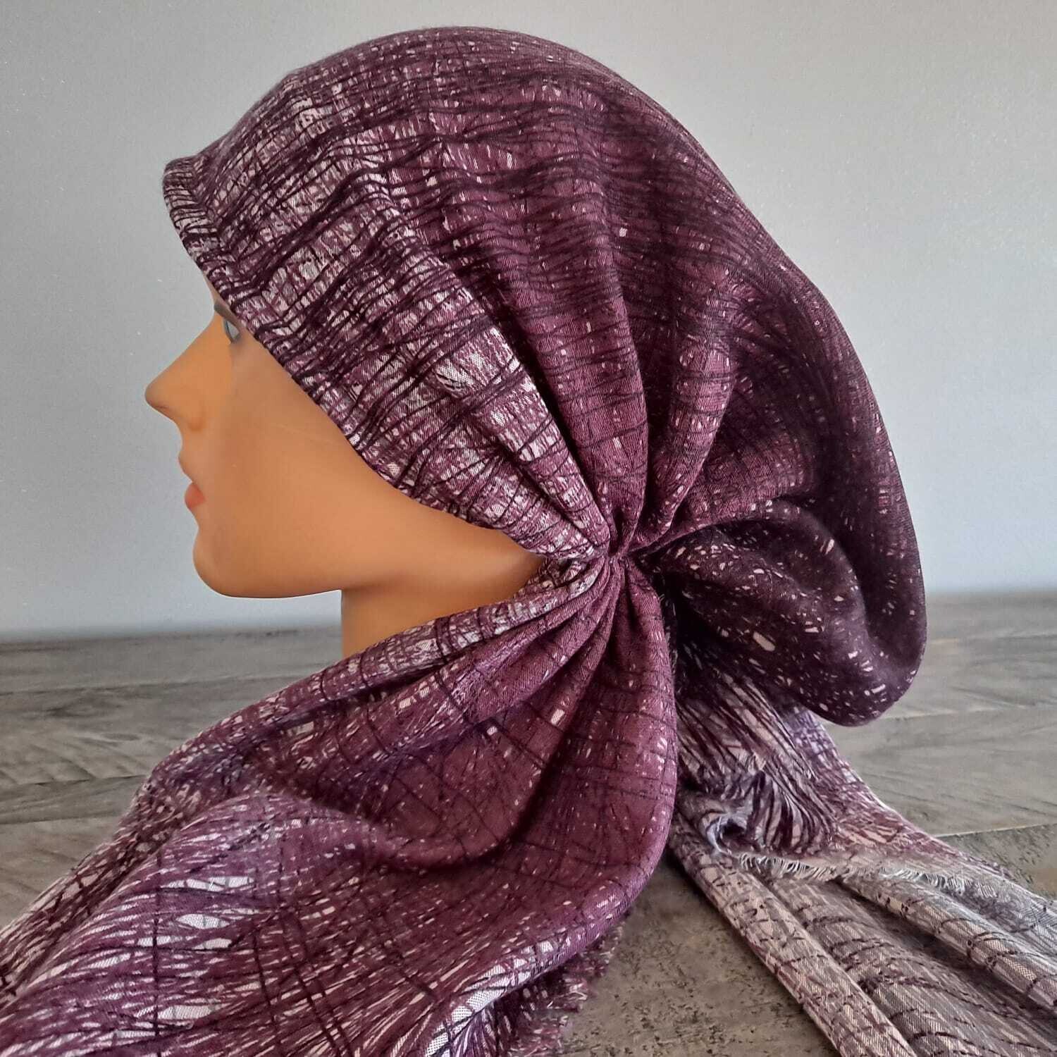 Plum/gray shaded feathered - soft fringes pretied tichel w/band sewn in (BBS)