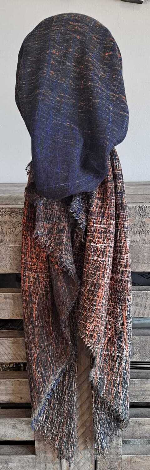 Blue/orange shaded feathered - soft fringes pretied tichel