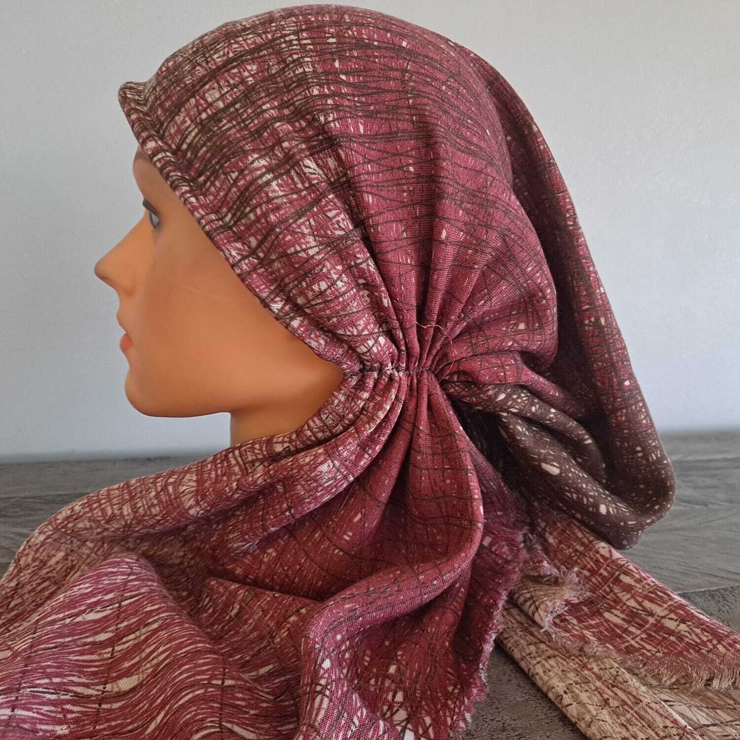 Brown/pink shaded feathered - soft fringes pretied tichel w/band sewn in (BBS)