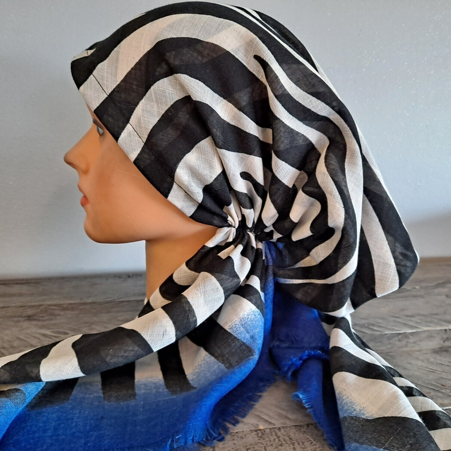 Blue stripy  - soft fringes pretied tichel w/band sewn in  (BBS)