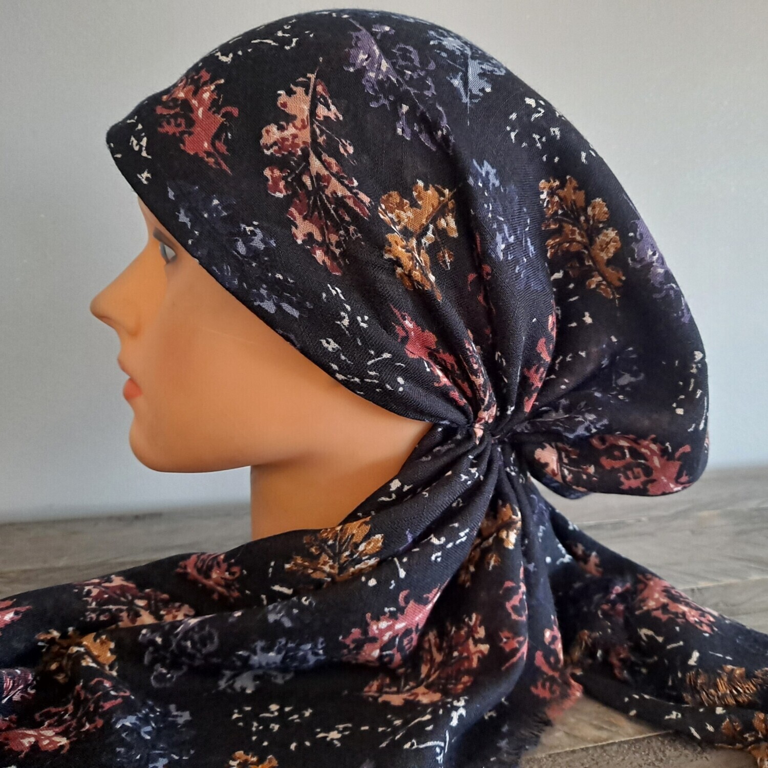 Navy pretty leaves  - soft fringes pretied tichel w/band sewn in (BBS)